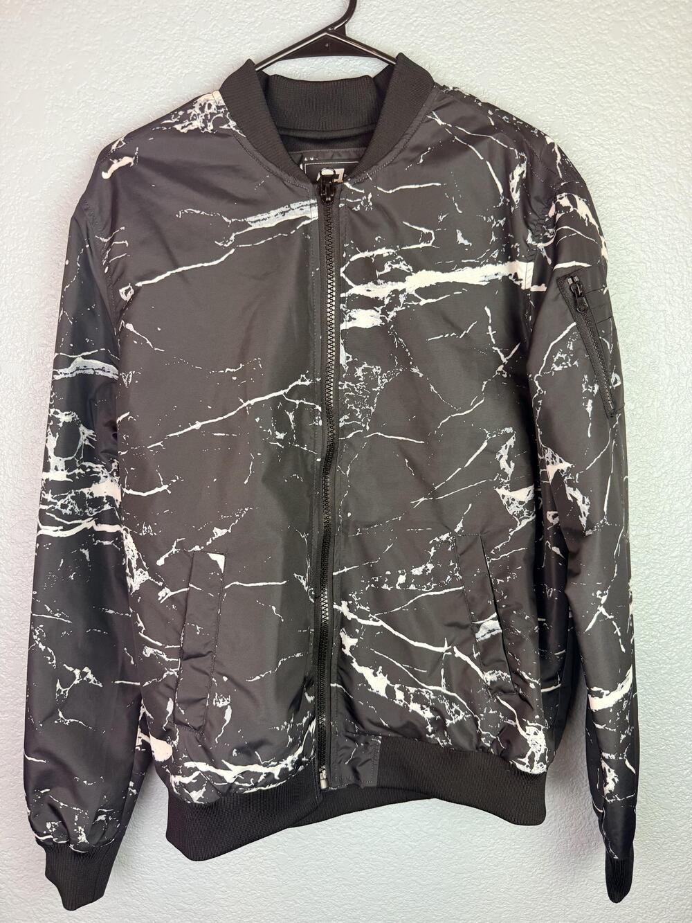Seven Souls Jacket Mens Medium Black Marble Print Bomber Full Zip Lined Pockets